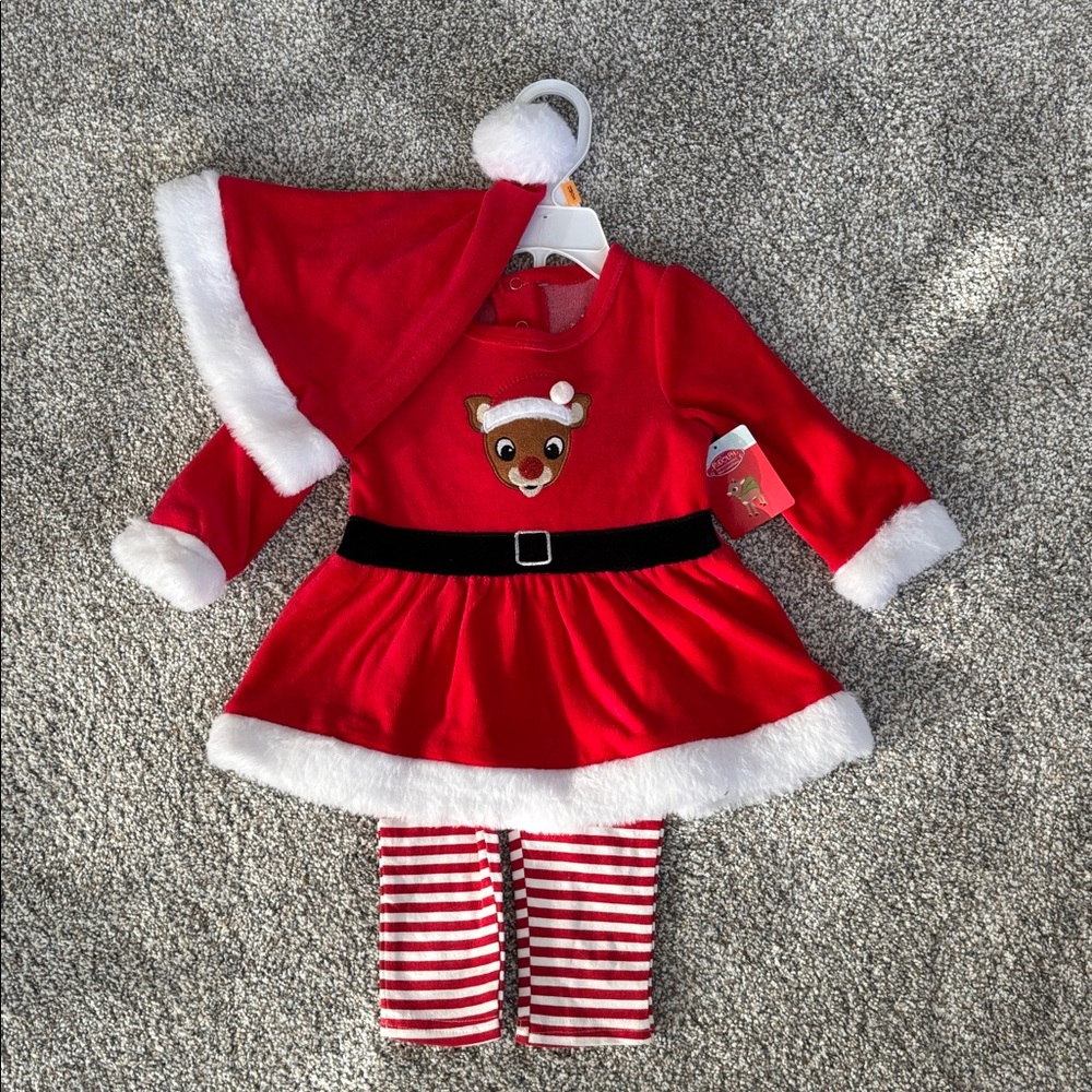 Festive Red Girls 12 month Matching Set with Reindeer Design